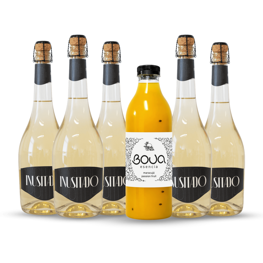 Garrafa de preparado para sangria BOUA Esencia Maracujá, com garrafas de espumante INUSITADO.