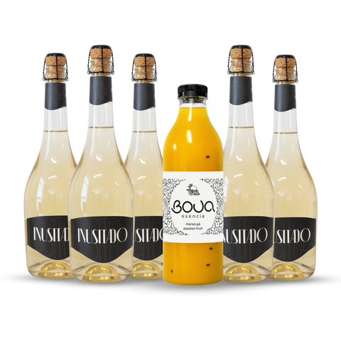 Garrafa de preparado para sangria BOUA Esencia Maracujá, com garrafas de espumante INUSITADO.