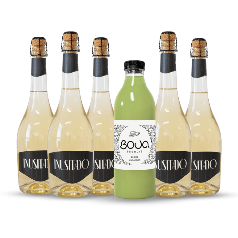 Garrafa de preparado para sangria BOUA Esencia Pepino, com garrafas de espumante INUSITADO.