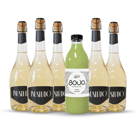 Garrafa de preparado para sangria BOUA Esencia Pepino, com garrafas de espumante INUSITADO.