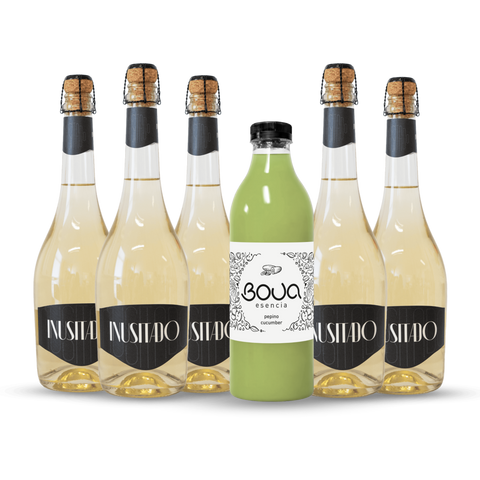 Garrafa de preparado para sangria BOUA Esencia Pepino, com garrafas de espumante INUSITADO.