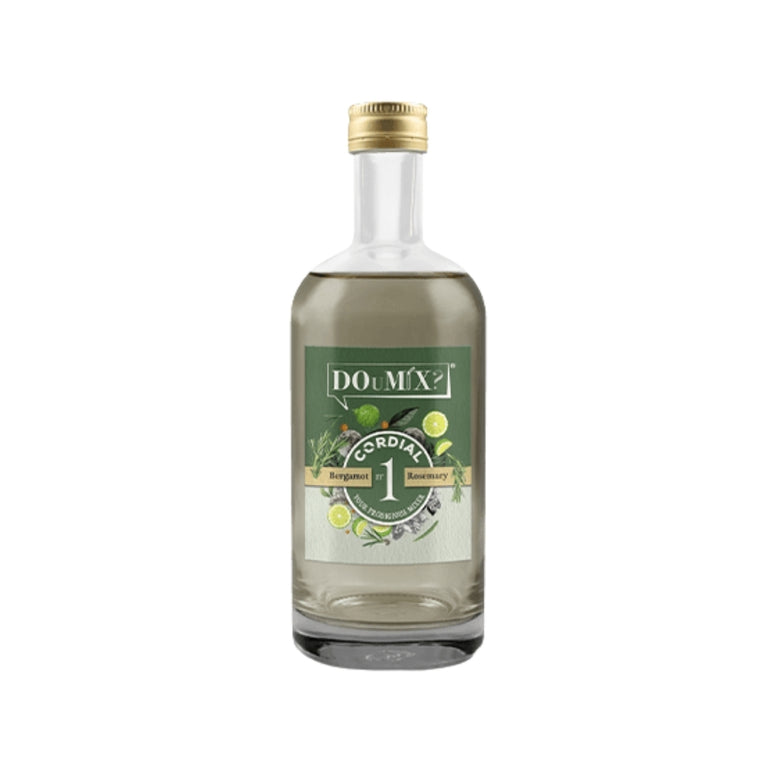 Garrafa DOuMIX? Cordial de bergamota e alecrim, com tampa dourada.