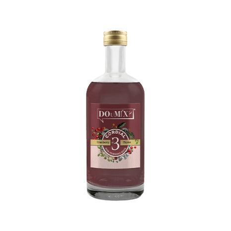 Garrafa de xarope cordial de arando (cranberry) e tomilho DOuMIX? Cordial, com tampa dourada.