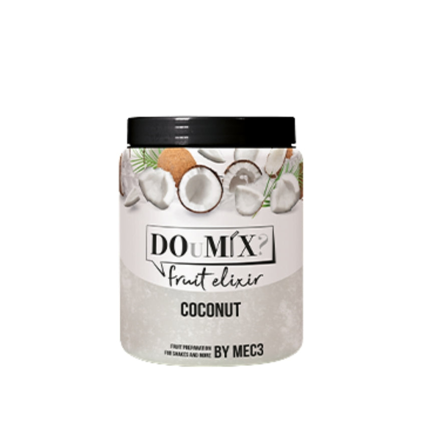 Frasco de preparado de coco DOuMIX? Fruit Elixir, com tampa preta.