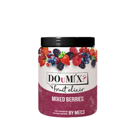 Frasco de preparado de frutos vermelhos DOuMIX? Fruit Elixir, com tampa preta.