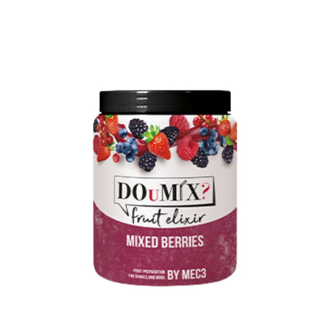 Frasco de preparado de frutos vermelhos DOuMIX? Fruit Elixir, com tampa preta.