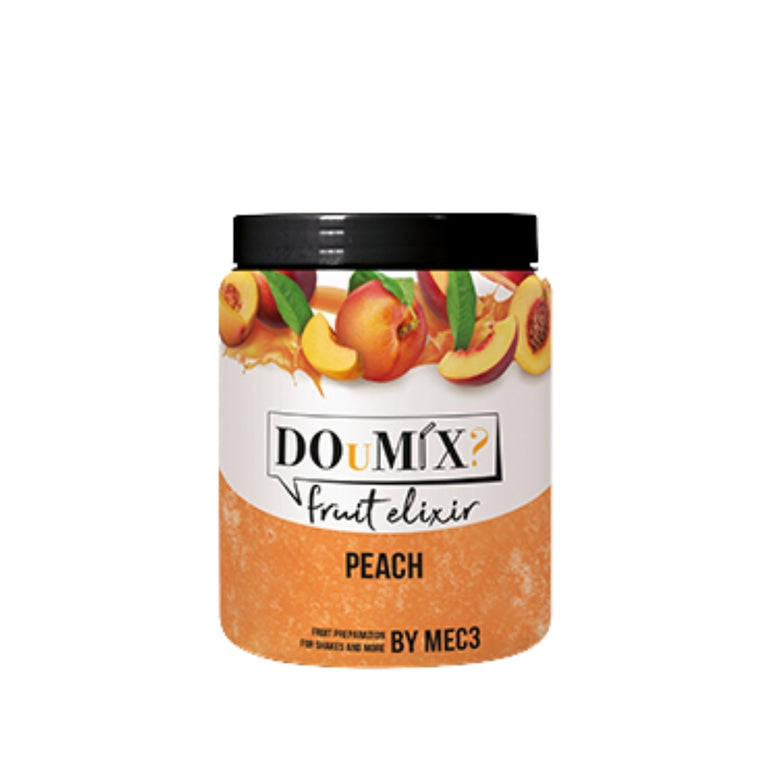 Frasco de preparado de pêssego DOuMIX? Fruit Elixir, com tampa preta.