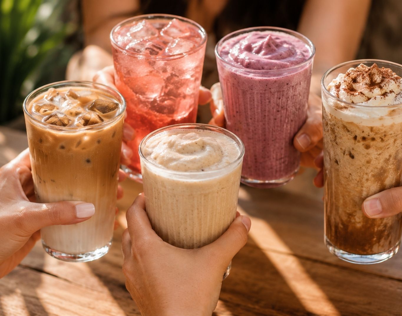 Grupo de amigos a brindar com cafés gelados, batidos e bebidas coloridas ao ar livre