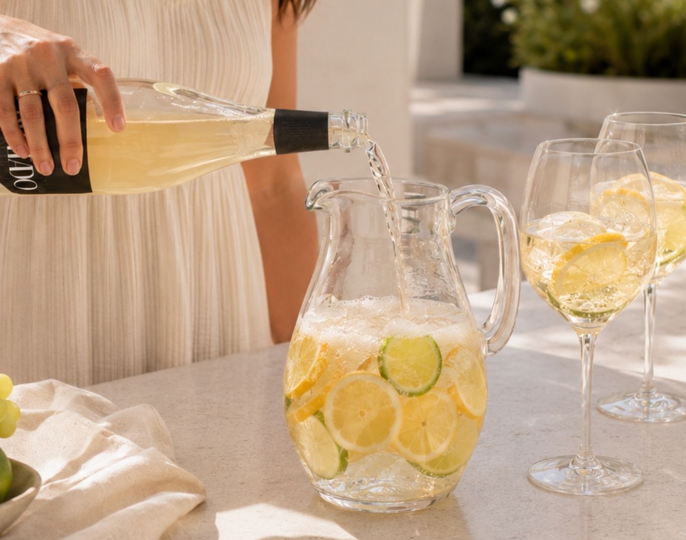 Espumante INUSITADO a ser servido num jarro de sangria branca com limão e lima