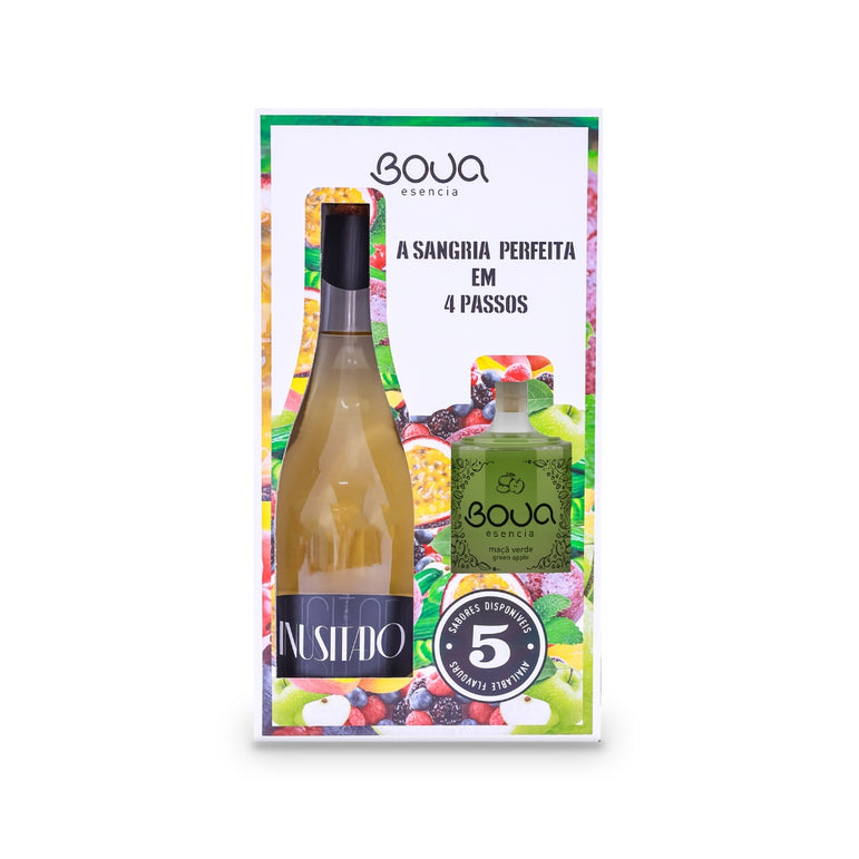 Caixa de kit BOUA Esencia com padrão de frutas, contendo um espumante Inusitado e um frasco de preparado de maçã verde.