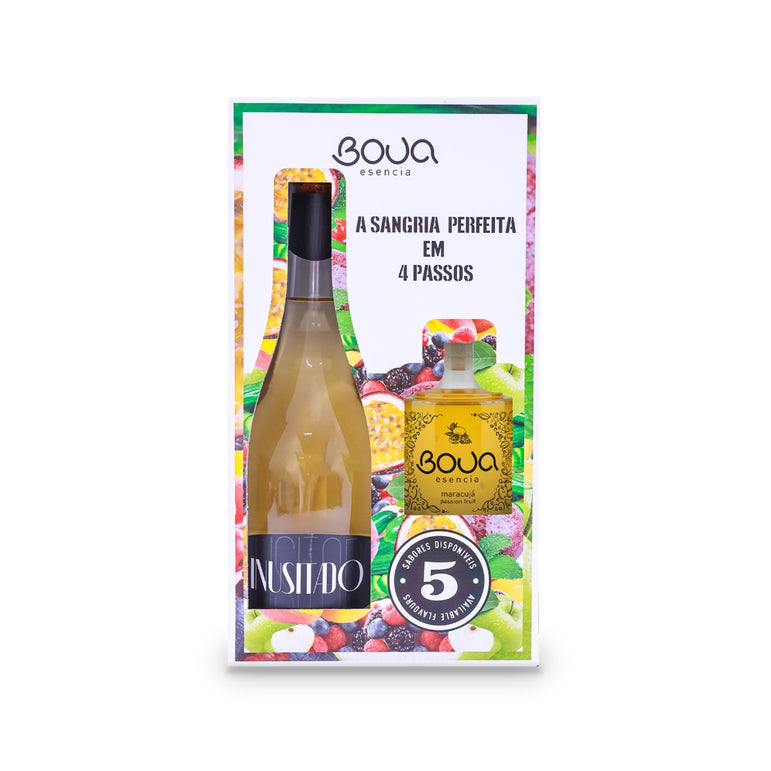Caixa de kit BOUA Esencia com padrão de frutas, contendo um espumante Inusitado e um frasco de preparado de maracujá.