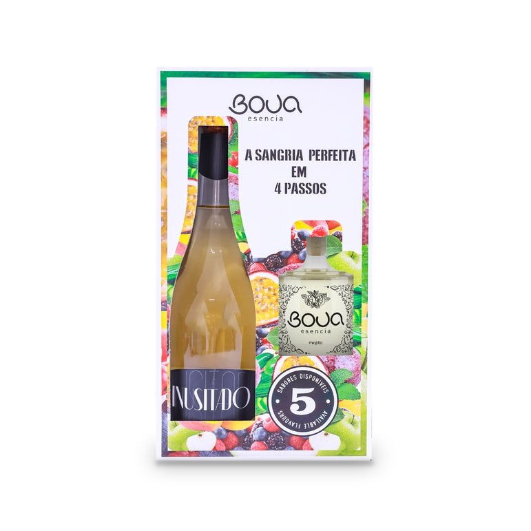Caixa de Kit BOUA Esencia com padrão de frutas, contendo um espumante INUSITADO e um frasco de preparado de mojito. 