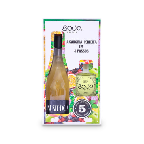 Caixa de Kit BOUA Esencia com padrão de frutas, contendo um espumante INUSITADO e um frasco de preparado de pepino. 