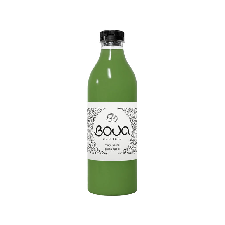 Garrafa PET de preparado BOUA Esencia Maçã Verde, com tampa preta.