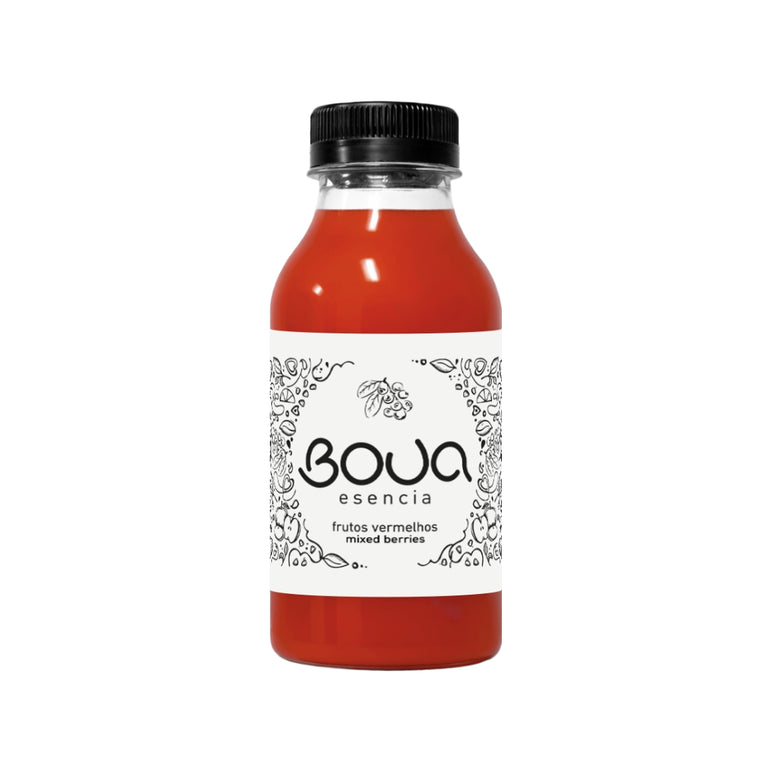 Garrafa PET de preparado BOUA Esencia Frutos Vermelhos, com tampa preta.