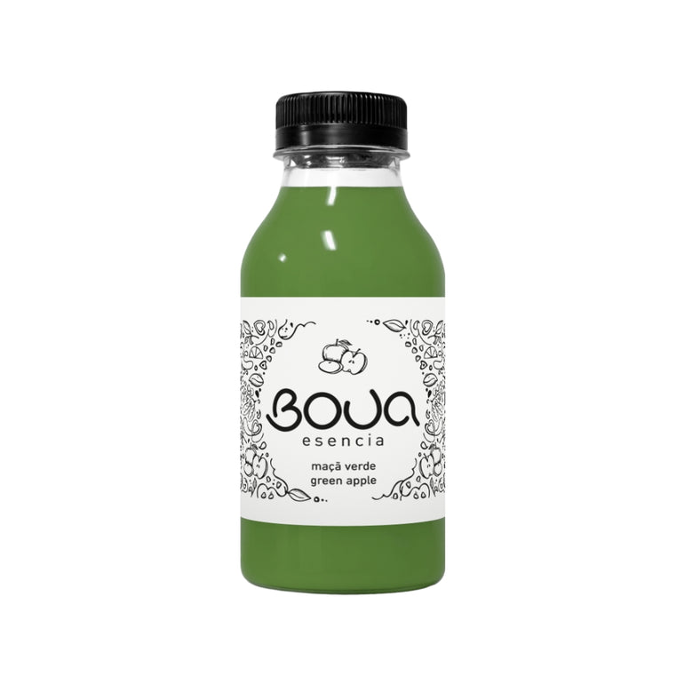 Garrafa PET de preparado BOUA Esencia Maçã Verde, com tampa preta.