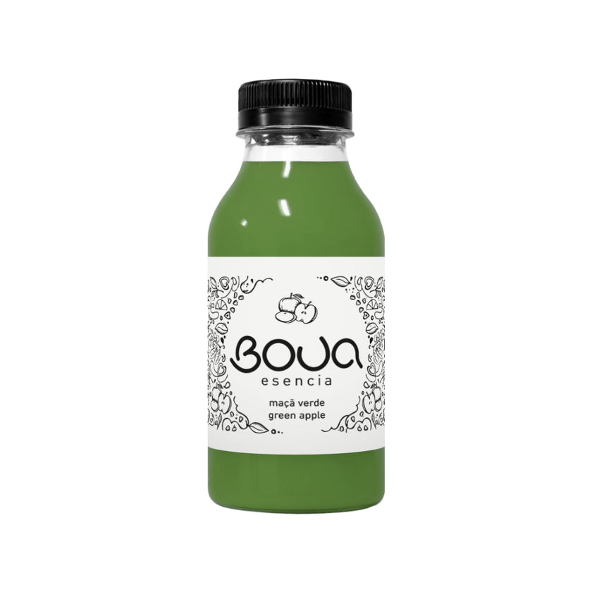 Garrafa PET de preparado BOUA Esencia Maçã Verde, com tampa preta.