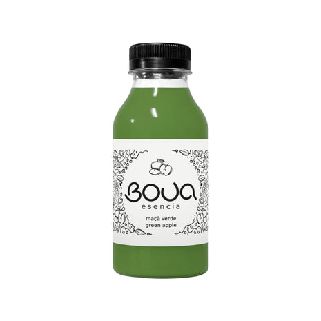 Garrafa PET de preparado BOUA Esencia Maçã Verde, com tampa preta.