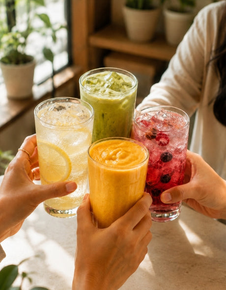 Brinde com bebidas frescas coloridas, incluindo limão, frutos vermelhos, matcha e smoothie