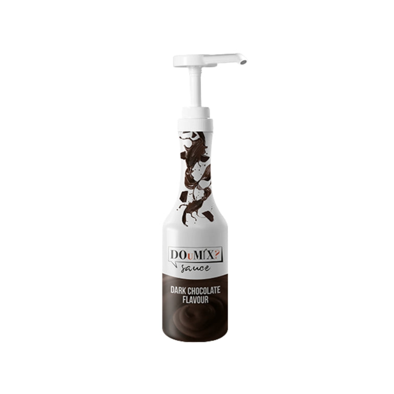 Garrafa de topping de chocolate preto DOuMIX?, com bomba doseadora branca.