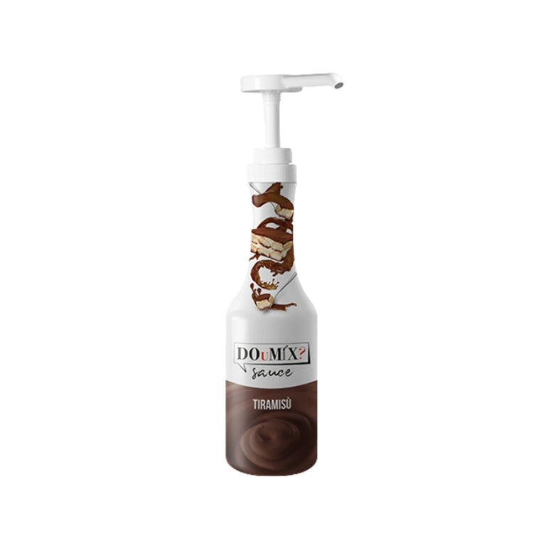 Garrafa de molho DOuMIX? Sauce Tiramisù (sabor a tiramisu), com bomba doseadora branca.