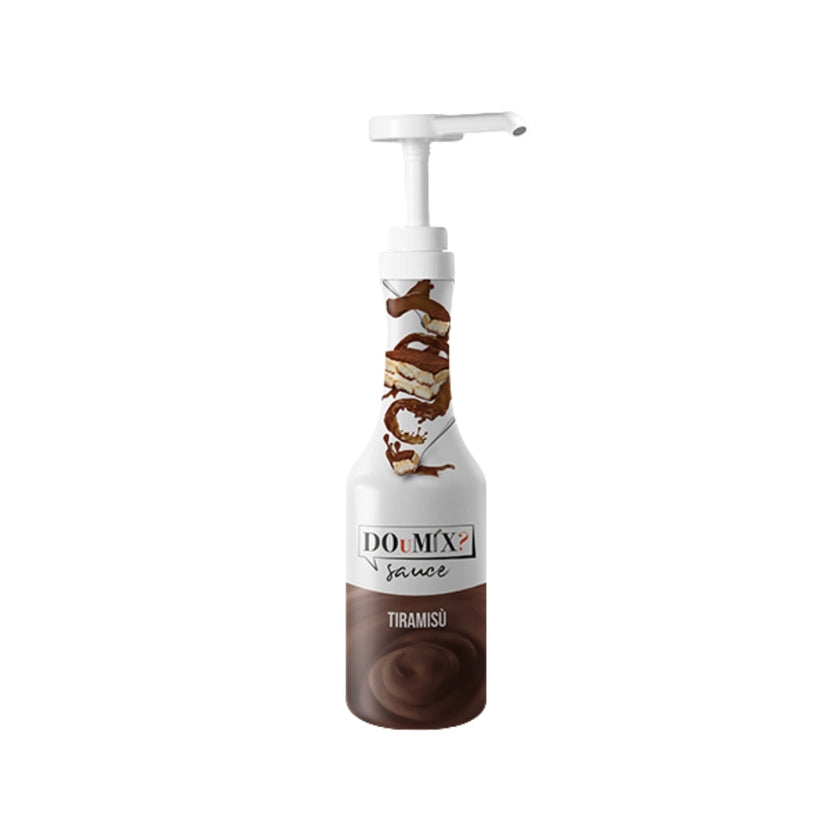 Garrafa de molho DOuMIX? Sauce Tiramisù (sabor a tiramisu), com bomba doseadora branca.