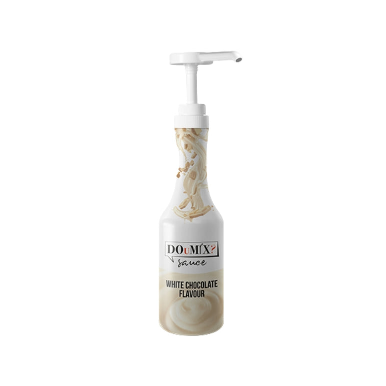 Garrafa de molho DOuMIX? Sauce White Chocolate Flavour (sabor a chocolate branco), com bomba doseadora branca.