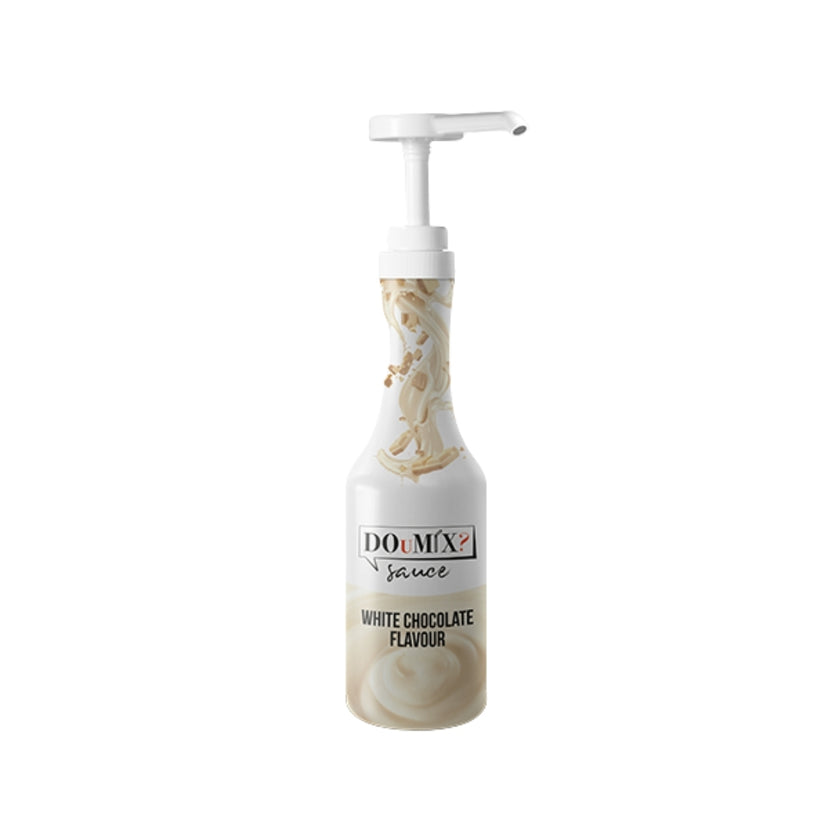 Garrafa de molho DOuMIX? Sauce White Chocolate Flavour (sabor a chocolate branco), com bomba doseadora branca.