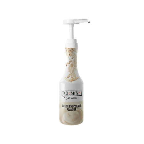 Garrafa de molho DOuMIX? Sauce White Chocolate Flavour (sabor a chocolate branco), com bomba doseadora branca.