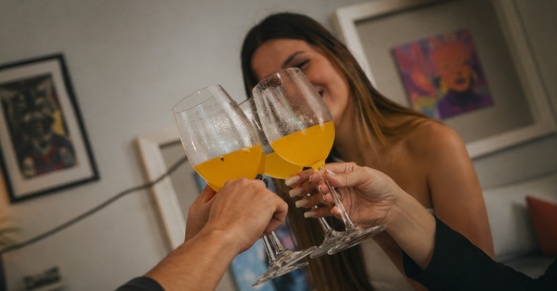 Amigos a brindar com sangria de maracujá
