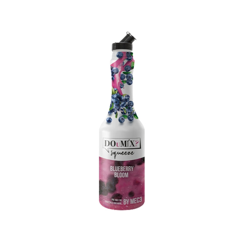 Garrafa de preparado DOuMIX? Blueberry Bloom (sabor a mirtilo), com tampa doseadora preta.