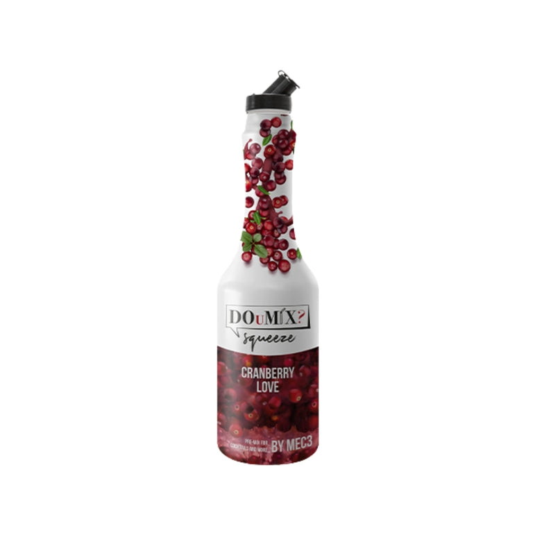 Garrafa de preparado DOuMIX? sabor a arando (cranberry), com tampa doseadora preta.