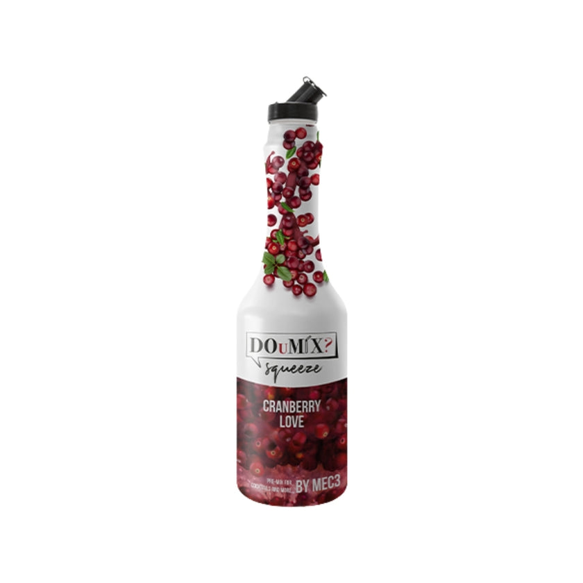 Garrafa de preparado DOuMIX? sabor a arando (cranberry), com tampa doseadora preta.