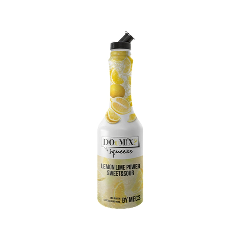 Garrafa de preparado DOuMIX? Lemon Lime Power Sweet&Sour (sabor a limão e lima doce e azedo), com tampa doseadora preta.