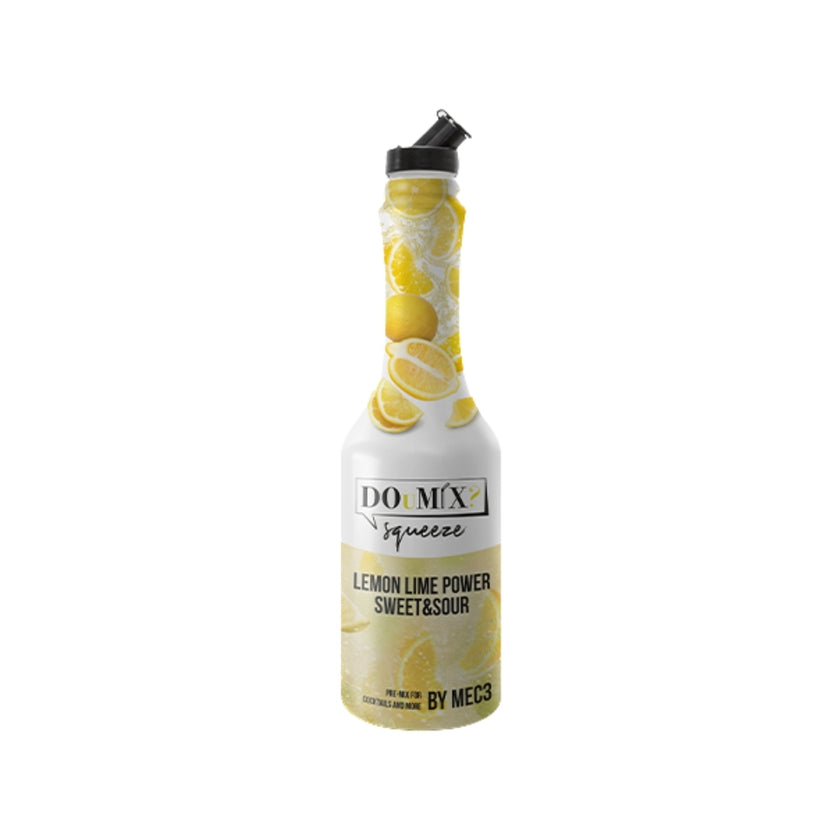 Garrafa de preparado DOuMIX? Lemon Lime Power Sweet&Sour (sabor a limão e lima doce e azedo), com tampa doseadora preta.