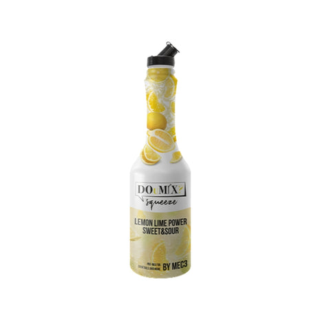 Garrafa de preparado DOuMIX? Lemon Lime Power Sweet&Sour (sabor a limão e lima doce e azedo), com tampa doseadora preta.