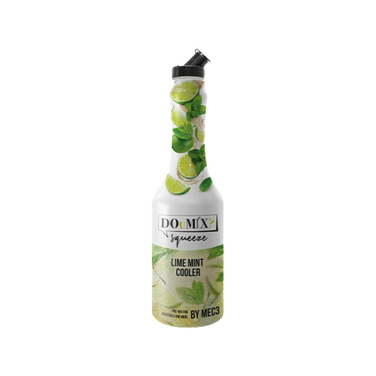 Garrafa de preparado DOuMIX? Lime Mint Cooler (sabor a lima e hortelã), com tampa doseadora preta.