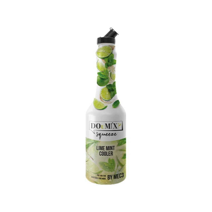 Garrafa de preparado DOuMIX? Lime Mint Cooler (sabor a lima e hortelã), com tampa doseadora preta.