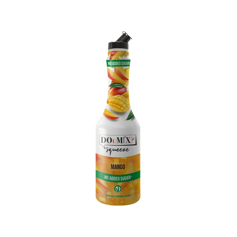 Garrafa de preparado DOuMIX? Mango No Added Sugar (sabor a manga sem adição de açúcar), com tampa doseadora preta.