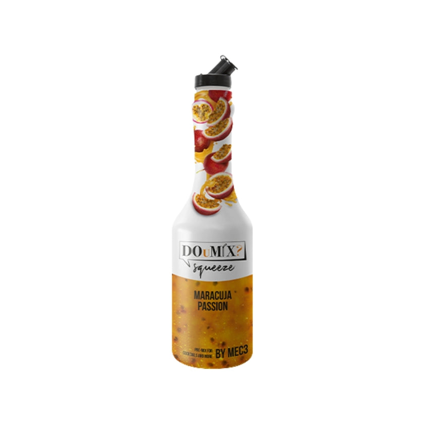 Garrafa de preparado DOuMIX? Maracuja Passion (sabor a maracujá), com tampa doseadora preta.