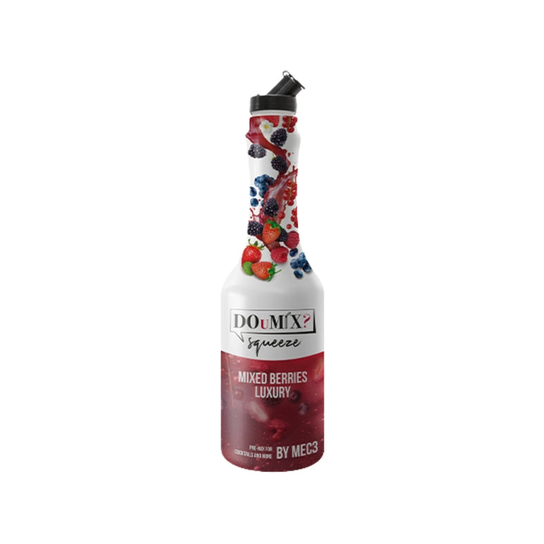 Garrafa de preparado DOuMIX? Mixed Berries Luxury (sabor a frutos vermelhos), com tampa doseadora preta.