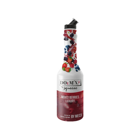 Garrafa de preparado DOuMIX? Mixed Berries Luxury (sabor a frutos vermelhos), com tampa doseadora preta.