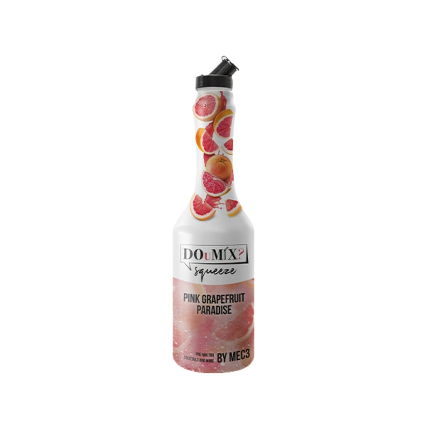 Garrafa de preparado DOuMIX? Pink Grapefruit Paradise (sabor a toranja rosa), com tampa doseadora preta.