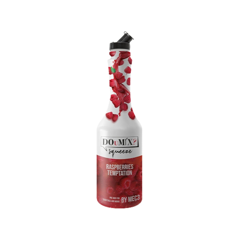 Garrafa de preparado DOuMIX? Raspberries Temptation (sabor a framboesa), com tampa doseadora preta.