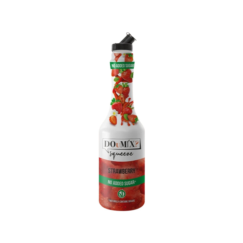 Garrafa de preparado DOuMIX? Strawberry No Added Sugar (sabor a morango sem adição de açúcar), com tampa doseadora preta.