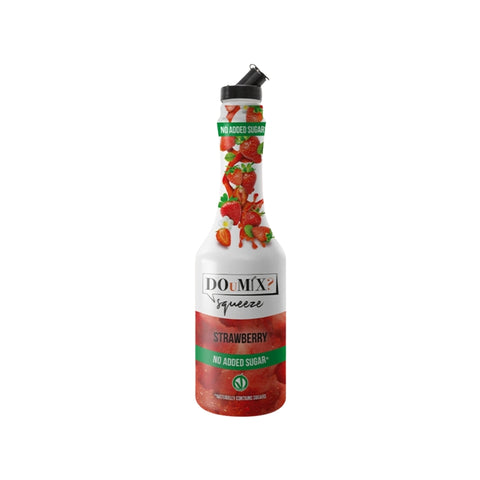 Garrafa de preparado DOuMIX? Strawberry No Added Sugar (sabor a morango sem adição de açúcar), com tampa doseadora preta.