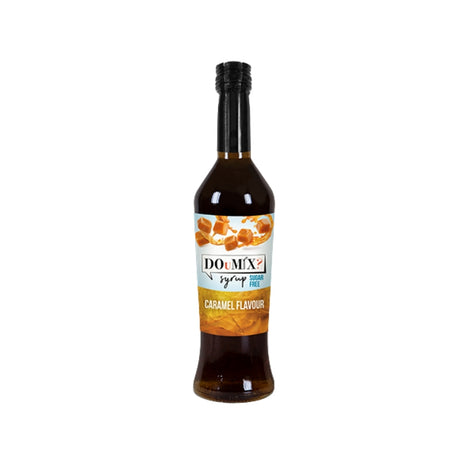 Garrafa de xarope DOuMIX?, sem açúcar, sabor a caramelo, com tampa preta.