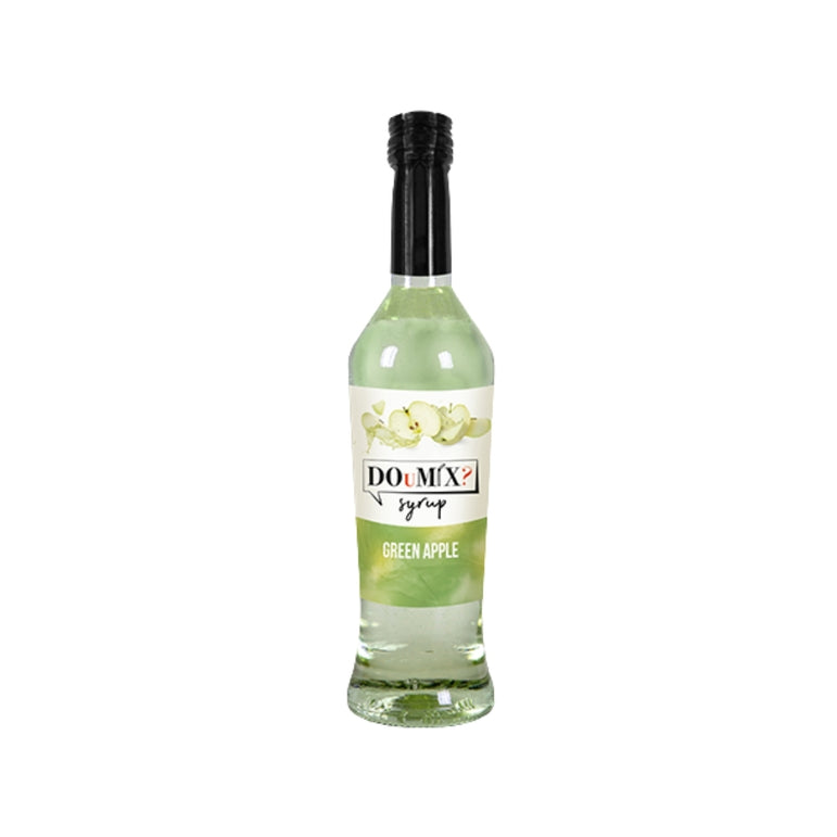 Garrafa de xarope DOuMIX? sabor a maçã verde, com tampa preta.