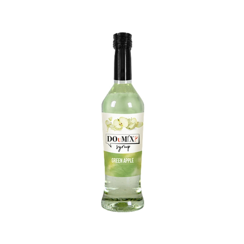 Garrafa de xarope DOuMIX? sabor a maçã verde, com tampa preta.