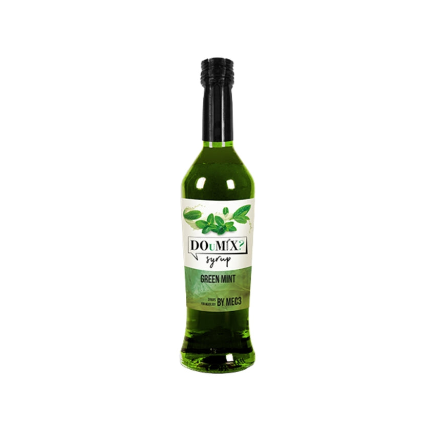 Garrafa de xarope DOuMIX? sabor a menta verde, com tampa preta.